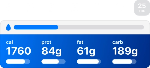 Water and macro nutrients intake widgets with calendar on main screen